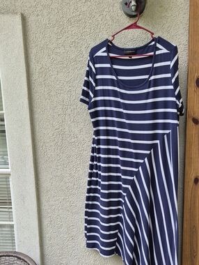 Lane Bryant Navy & White Striped Midi Scoop Neck Dress